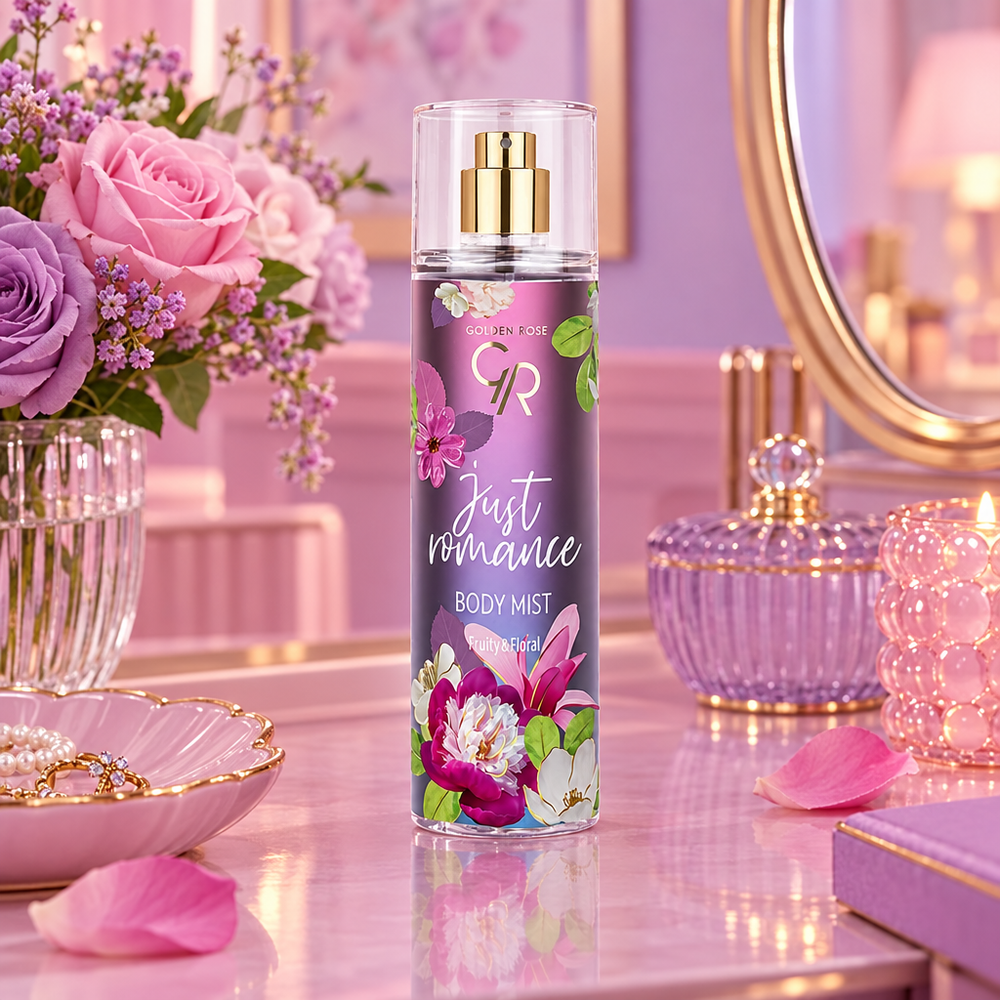 Golden Rose Just Romance Body Mist on indoor pink vanity