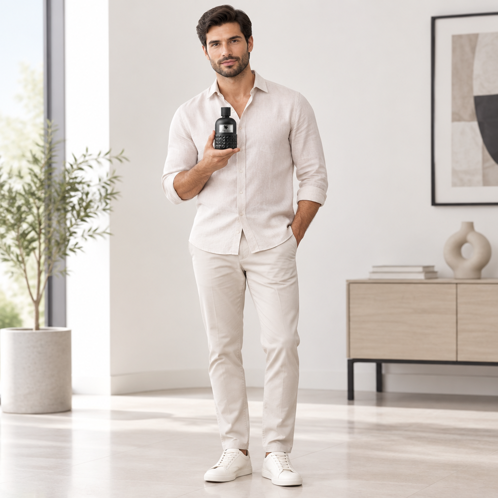 Full-length male model holding Deomania Avenzo perfume