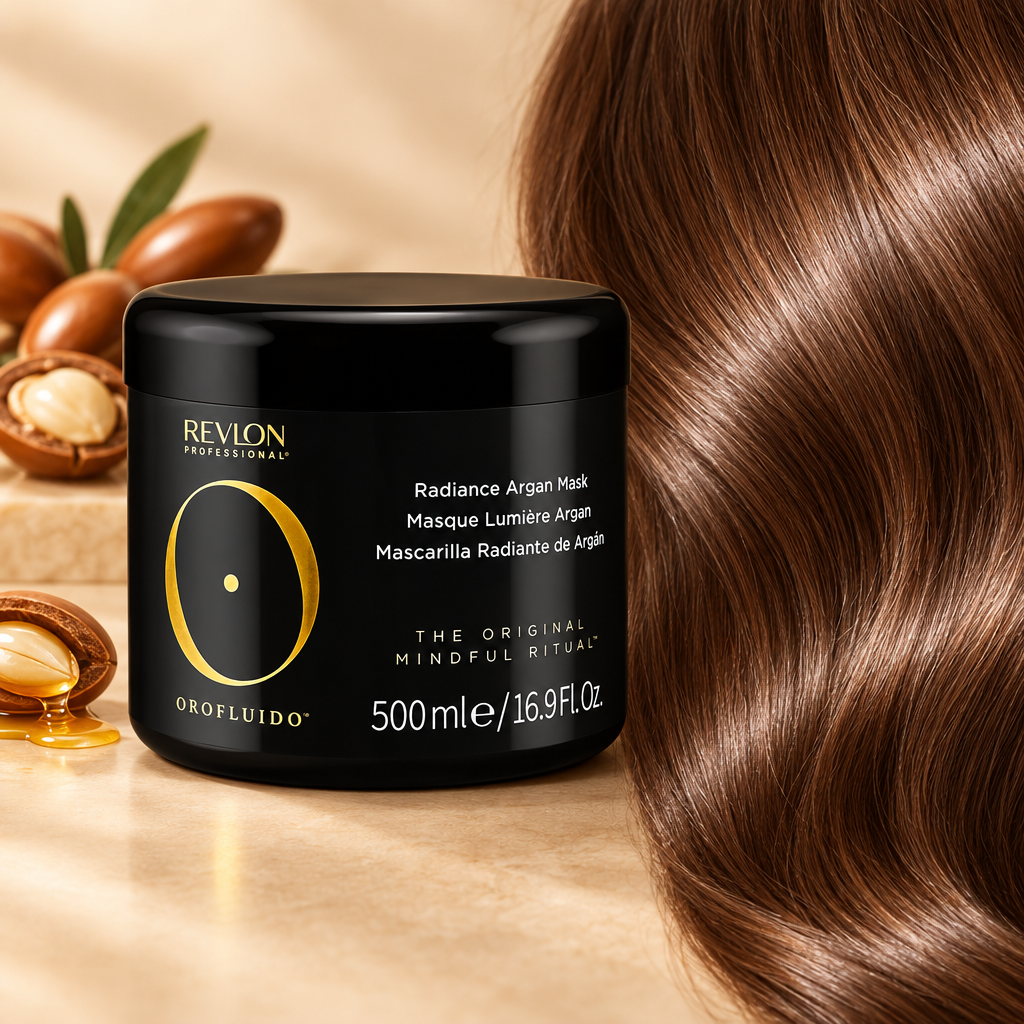 Orofluido Argan Mask beside smooth shiny hair and argan nuts