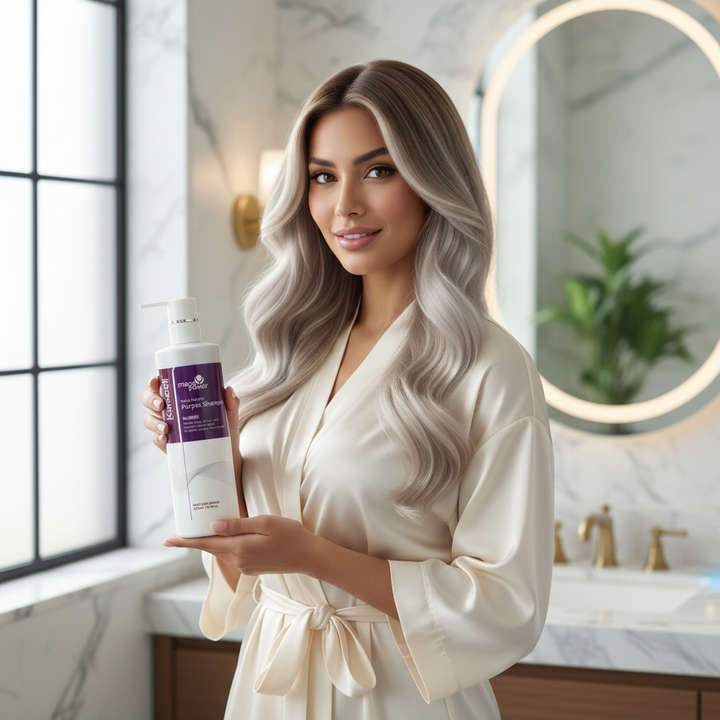 Egyptian model with cool-toned blonde hair holding Maca Power Purple Shampoo