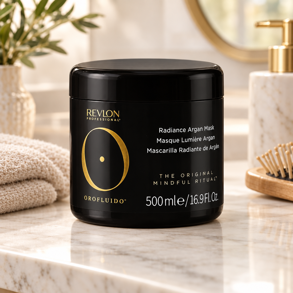 Revlon Orofluido Radiance Argan Mask jar on a bright indoor vanity
