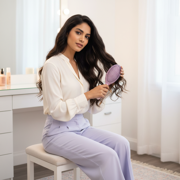 Egyptian model brushing her hair with the pearlescent ombre brush