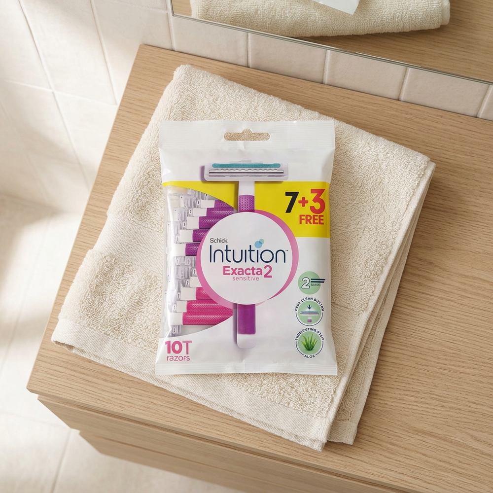 Schick Intuition Exacta2 Sensitive ten razors pack on vanity towel