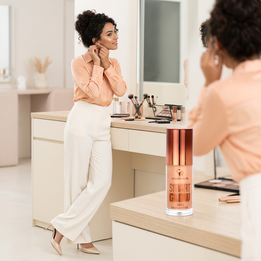 Egyptian model at a makeup vanity with Golden Rose Smart Glow 203