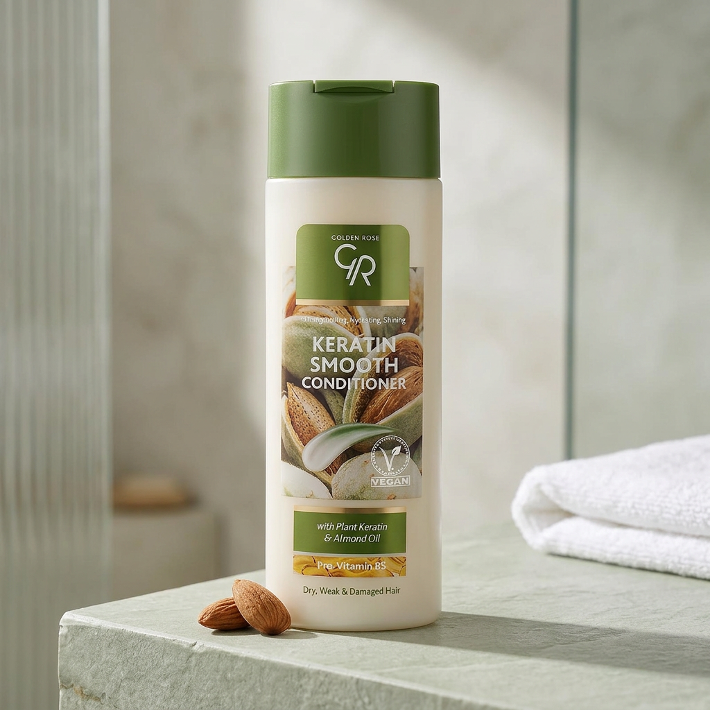 Golden Rose Keratin Smooth Conditioner with almonds on a pale green bathroom ledge