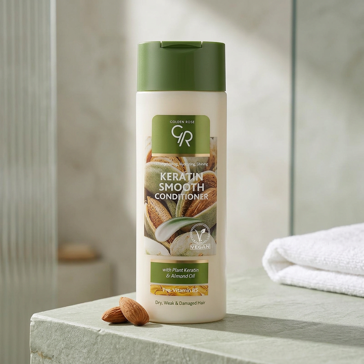 Golden Rose Keratin Smooth Conditioner with almonds on a pale green bathroom ledge