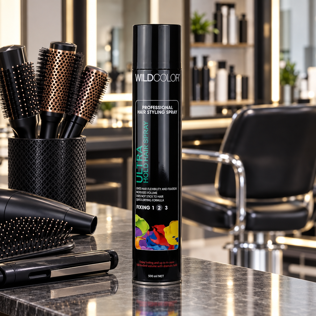Wildcolor Ultra Hold 2 spray with professional styling tools in a salon