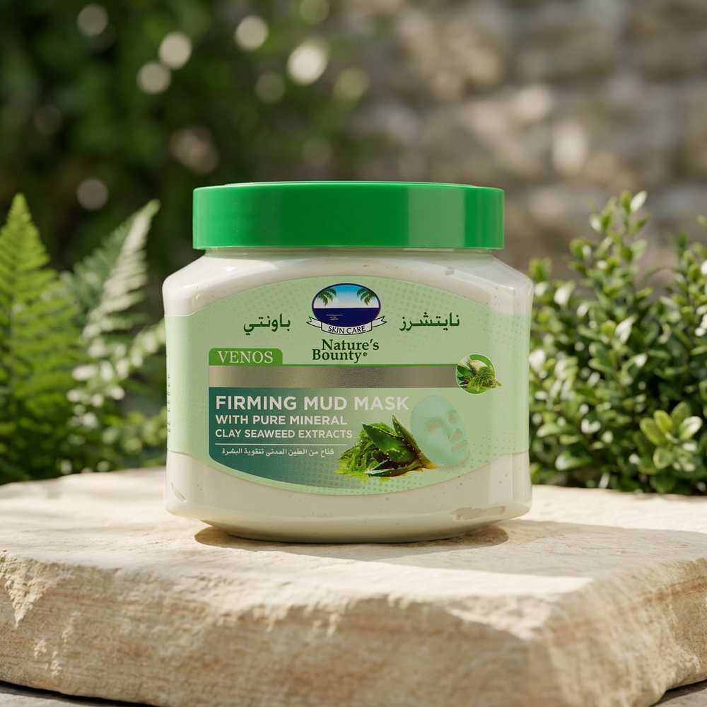 Nature's Bounty Venos Firming Mud Mask in natural outdoor light