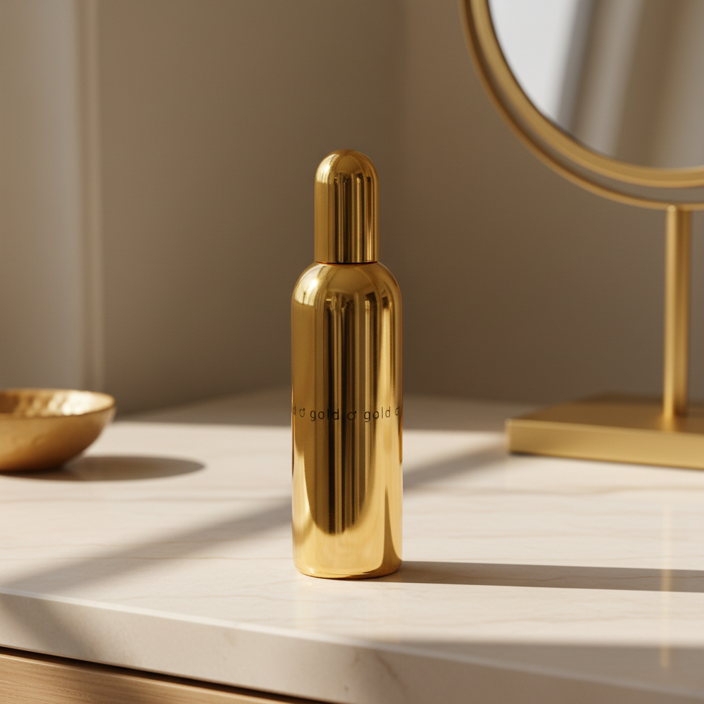 Reflective gold fragrance bottle in an elegant indoor setting