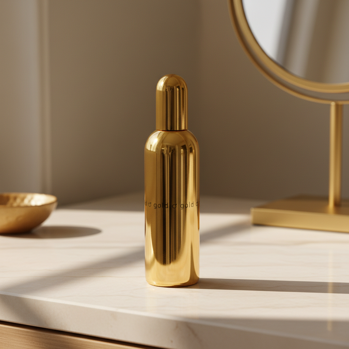 Reflective gold fragrance bottle in an elegant indoor setting