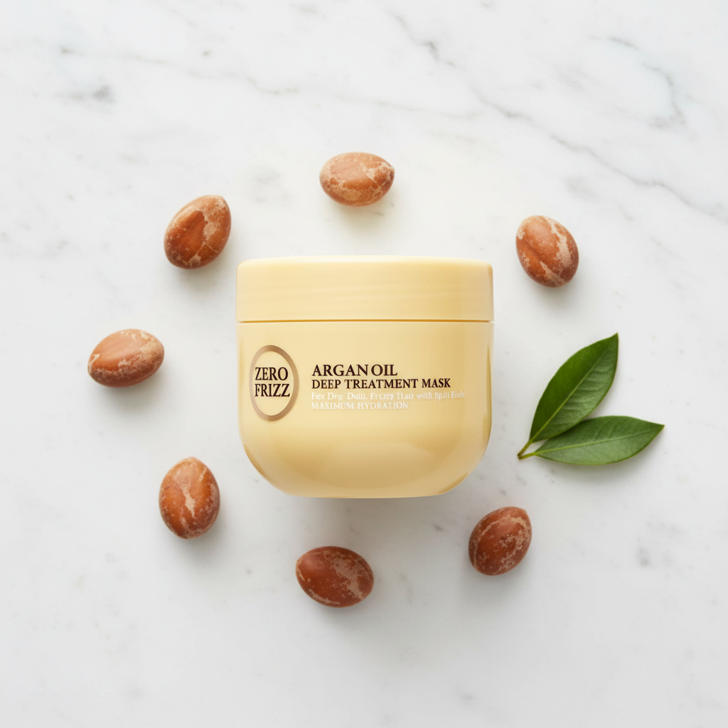Zero Frizz Argan Oil Hair Mask – Top View flat lay on marble