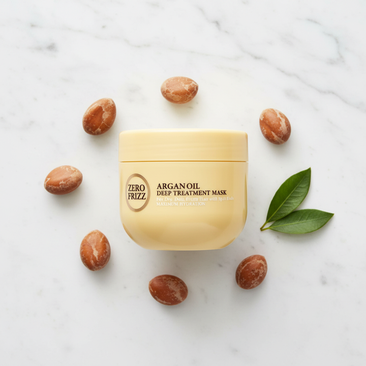Zero Frizz Argan Oil Hair Mask – Top View flat lay on marble