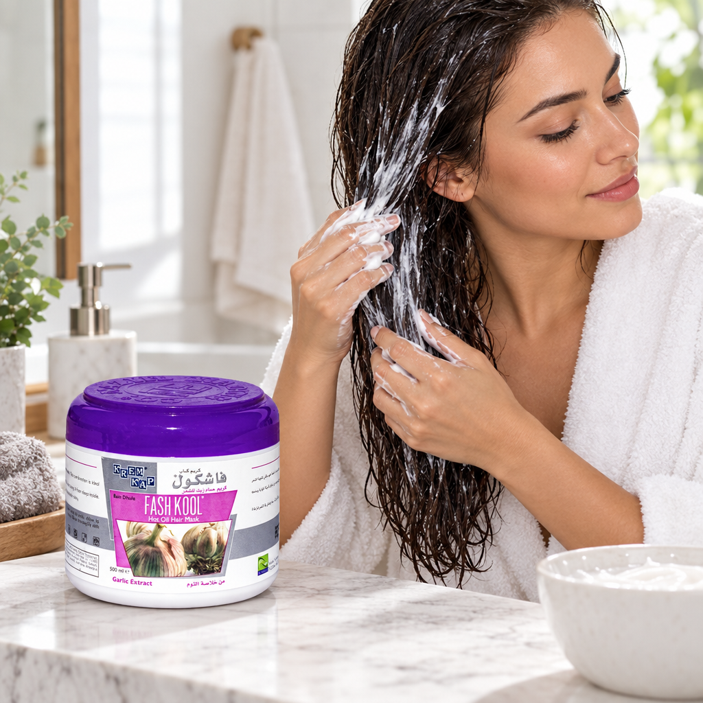 Applying white hair mask to damp hair with Fashkool jar nearby