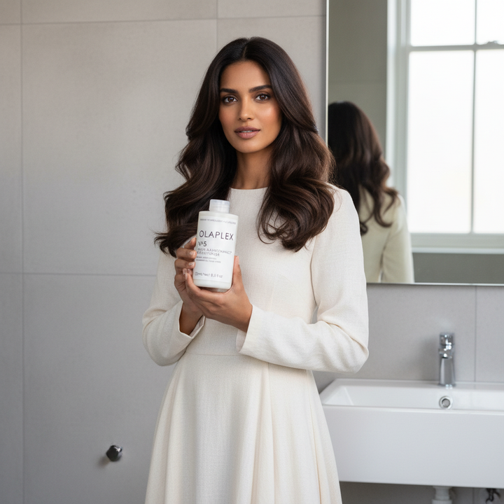 Egyptian model holding OLAPLEX No.5 Bond Maintenance Conditioner