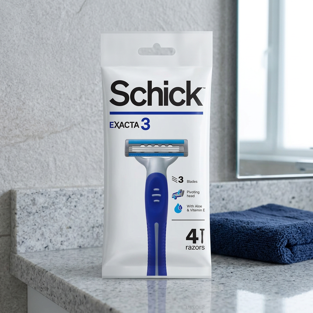 Schick Exacta3 four-razor pack on a bathroom counter beside a navy towel