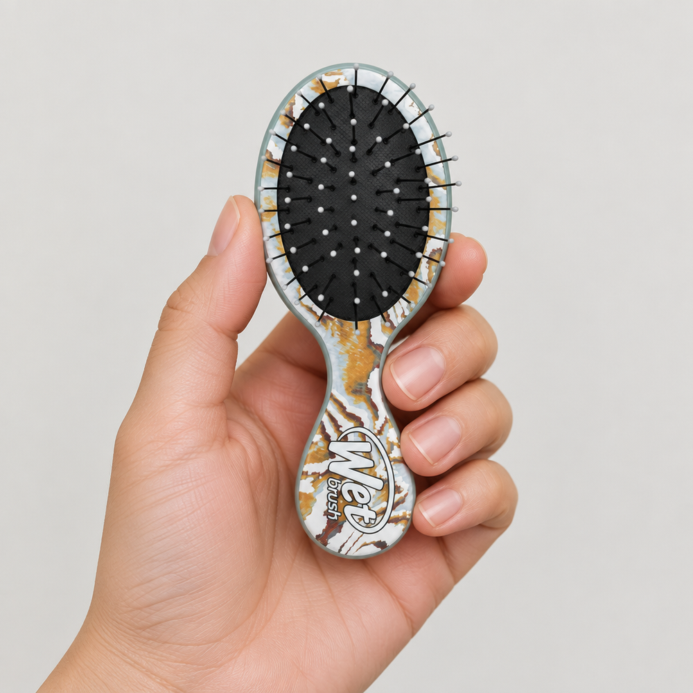 Compact Wet Brush Mini Detangler Engineered Nature Grey held in hand for scale