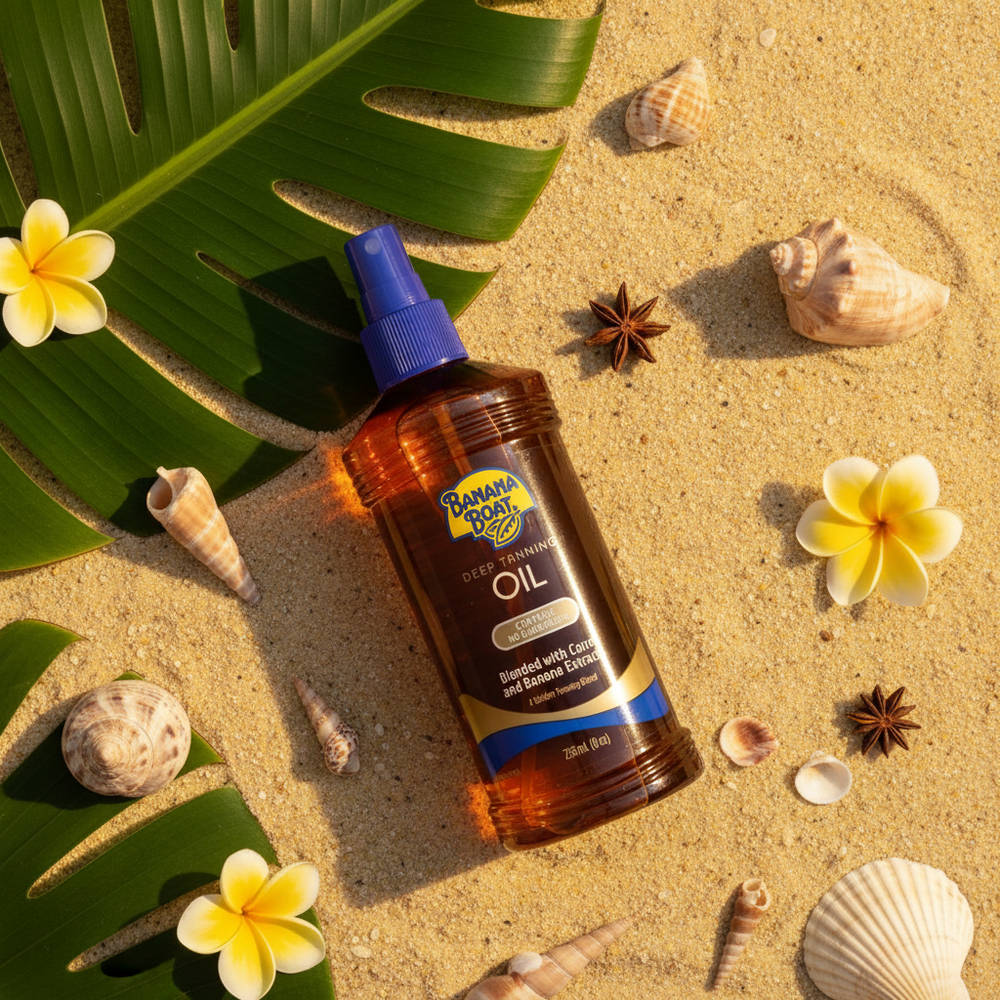 Outdoor beach flat lay - Banana Boat Deep Tanning Oil