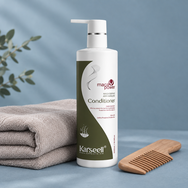 Karseell Anti Hair Loss Conditioner beside towel and comb