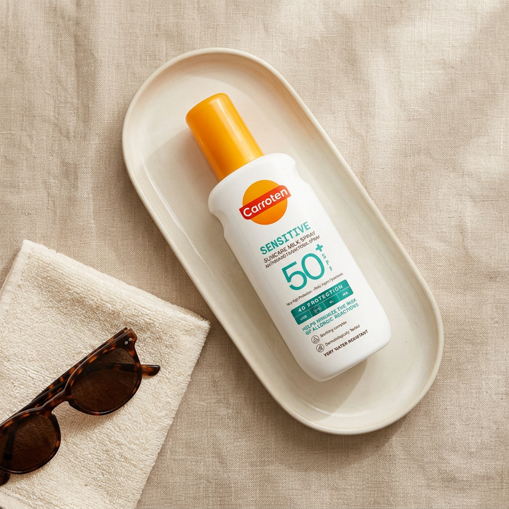 Carroten Sensitive SPF50+ spray on ivory vanity tray