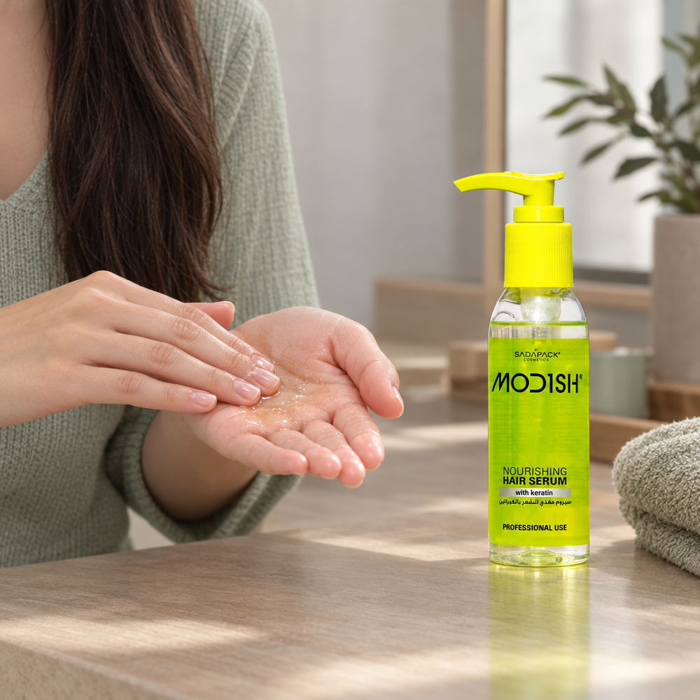 Rubbing a small amount of Modish hair serum between hands
