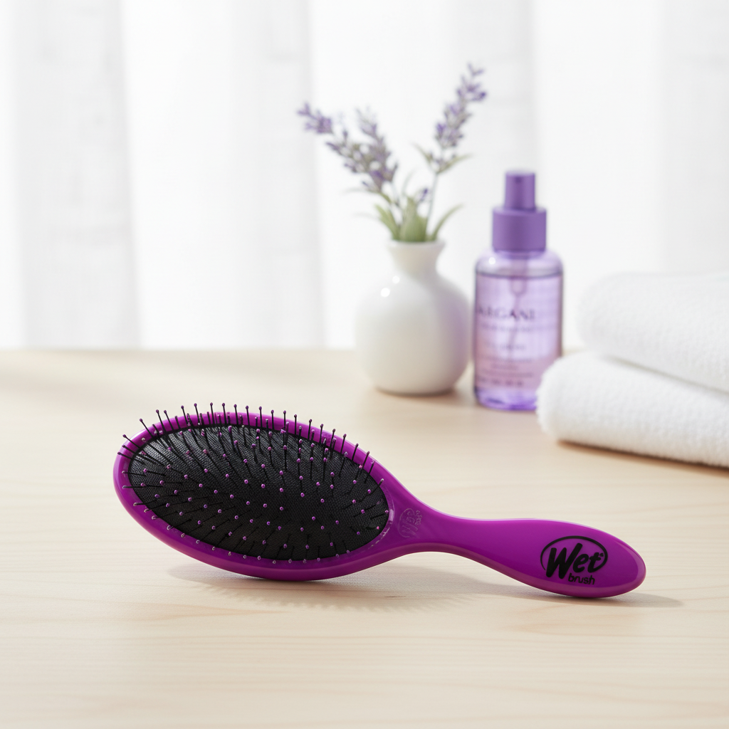 Purple compact oval hair brush in an elegant indoor setting