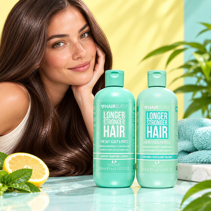 Hairburst oily scalp shampoo and conditioner 350ml beside glossy hair