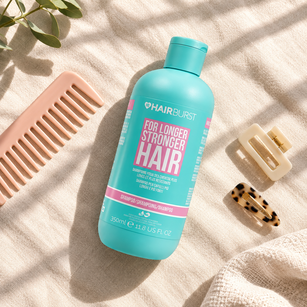 Hairburst shampoo editorial flat lay on linen
