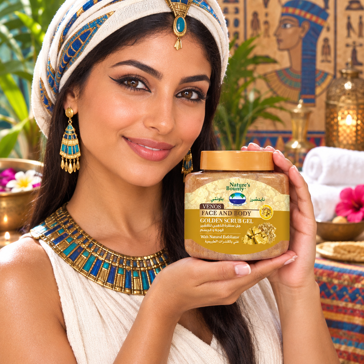 Model holding Nature's Bounty Venos Gold Gel Scrub