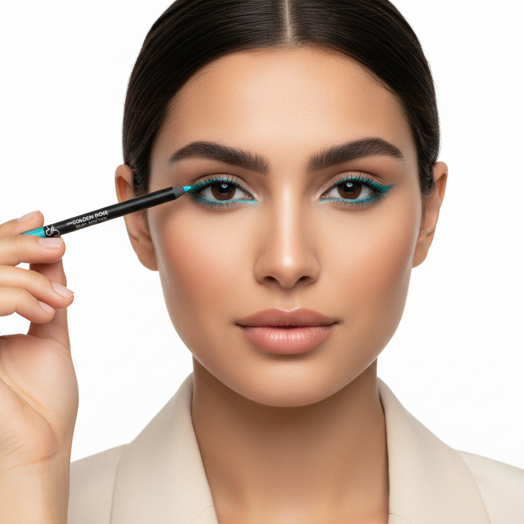 Egyptian model holding Golden Rose Dream Eyes turquoise eyeliner beside her eye