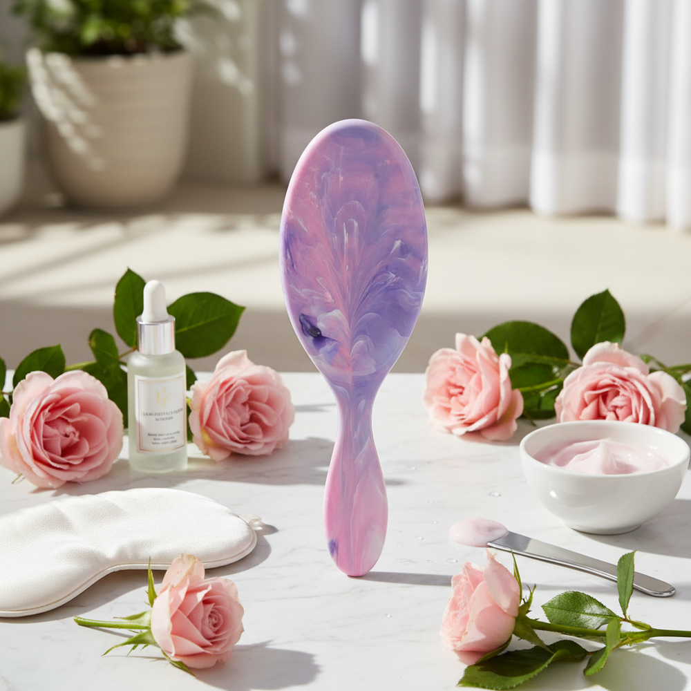 Outdoor flat lay - luxury marble pink and purple hair brush