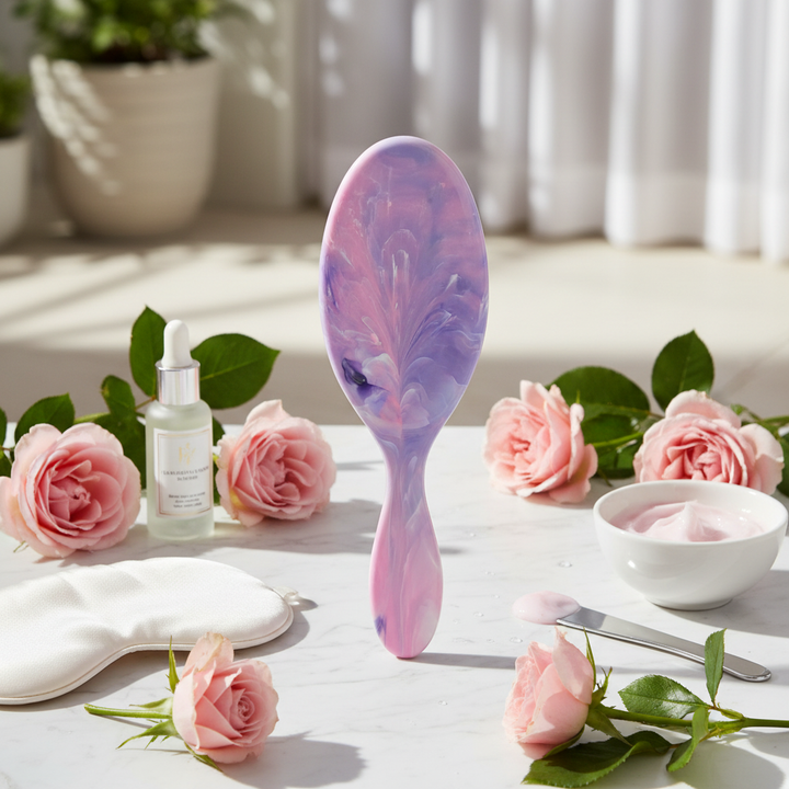 Outdoor flat lay - luxury marble pink and purple hair brush