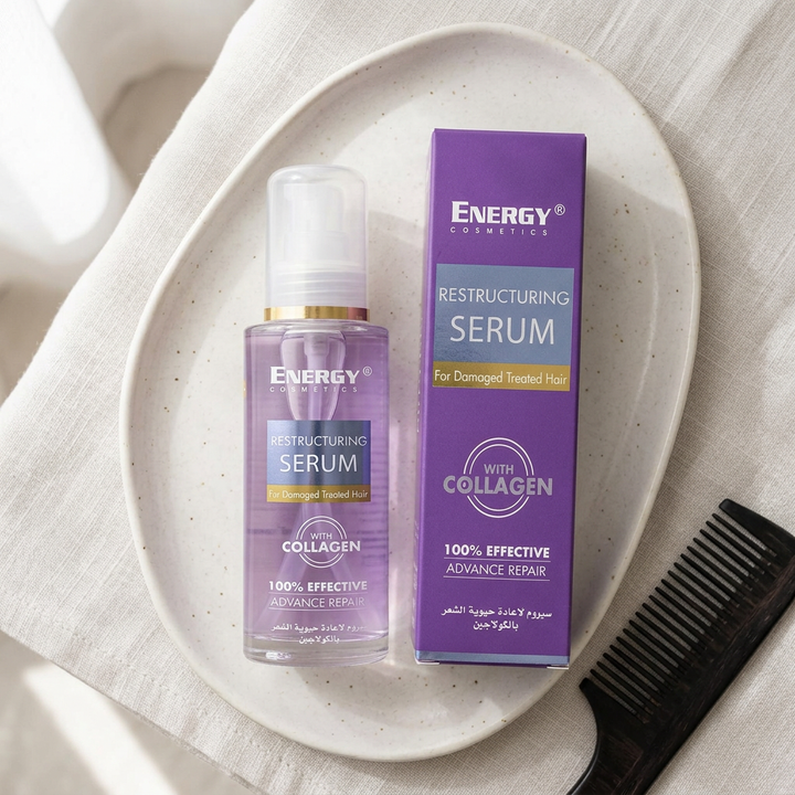 Energy Collagen Serum bottle and carton on vanity tray
