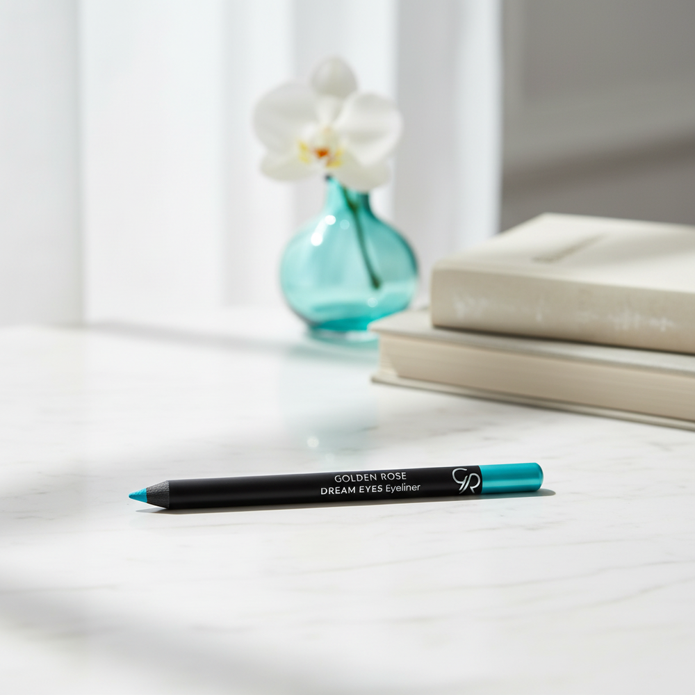 Golden Rose Dream Eyes turquoise eyeliner in an elegant indoor setting