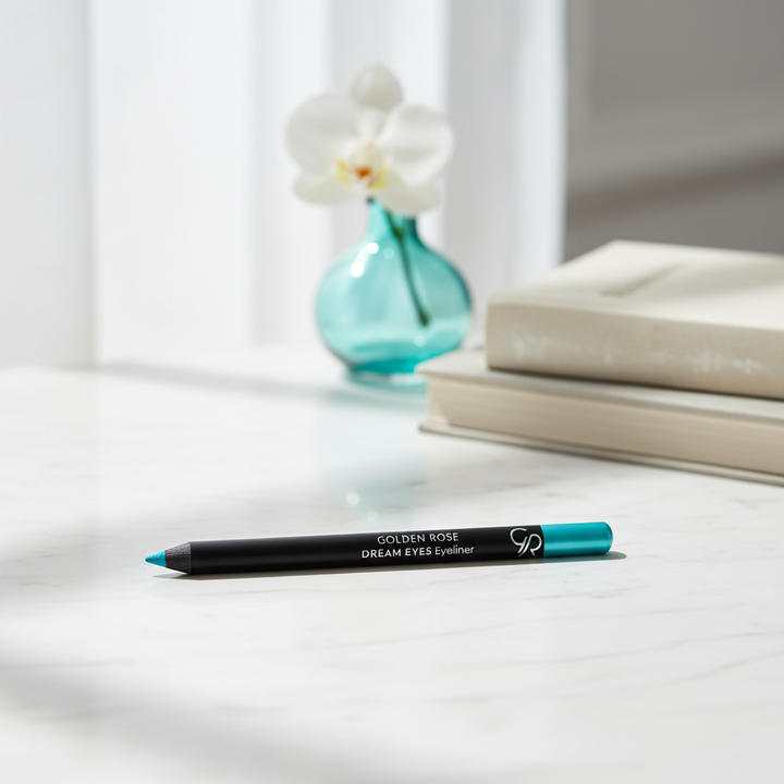 Golden Rose Dream Eyes turquoise eyeliner in an elegant indoor setting