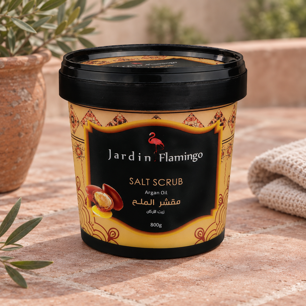 Jardin Flamingo Argan salt scrub outdoors in soft light