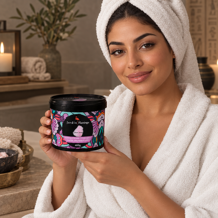 Model holding Jardin Flamingo Cotton Candy body scrub