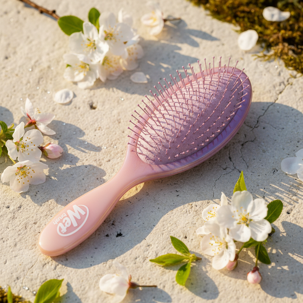 Pearlescent pink and purple ombre hair brush in soft outdoor daylight