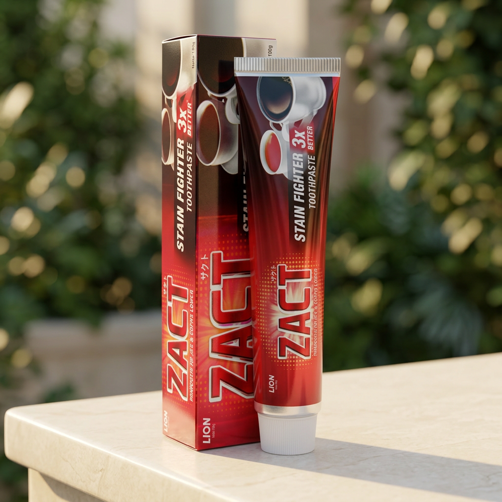 Zact Stain Fighter toothpaste 190g tube and carton in natural outdoor light