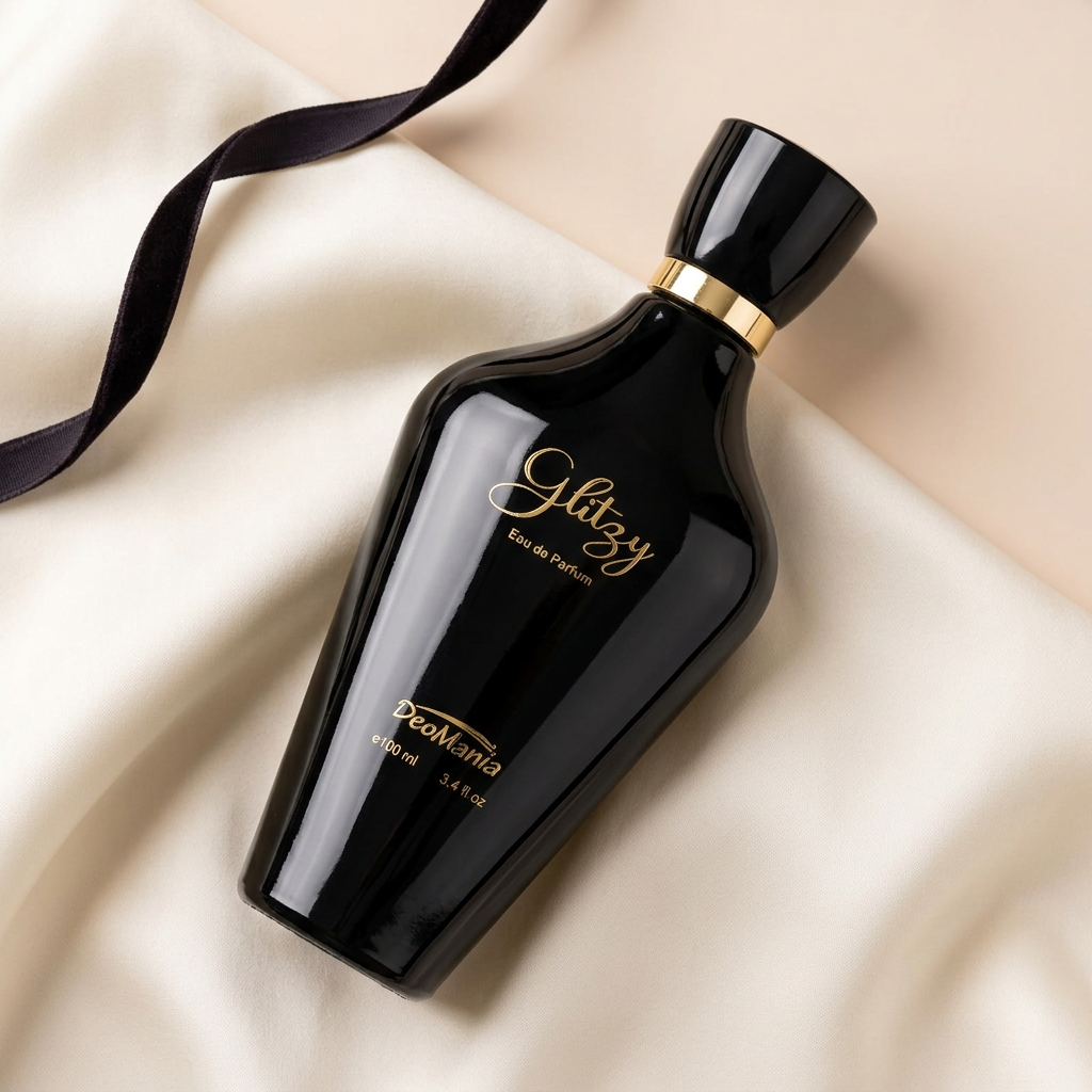 Close-up of black and gold DeoMania Glitzy 100ml bottle on ivory silk