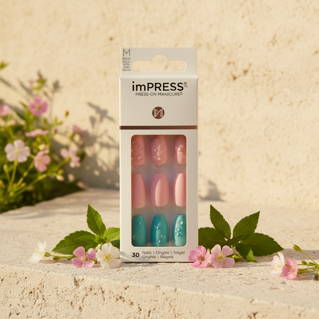 imPRESS pink and turquoise rhinestone press-on nails in outdoor daylight
