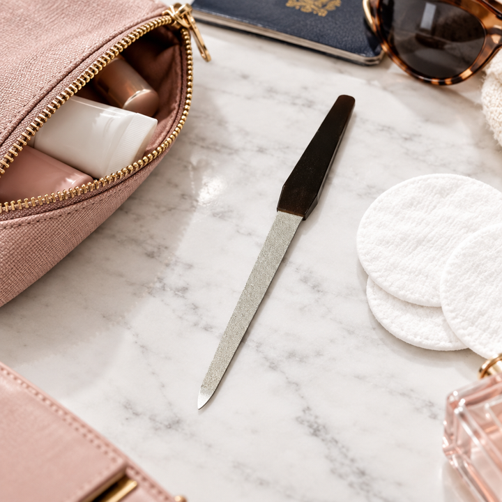Redrings nail file beside travel beauty pouch