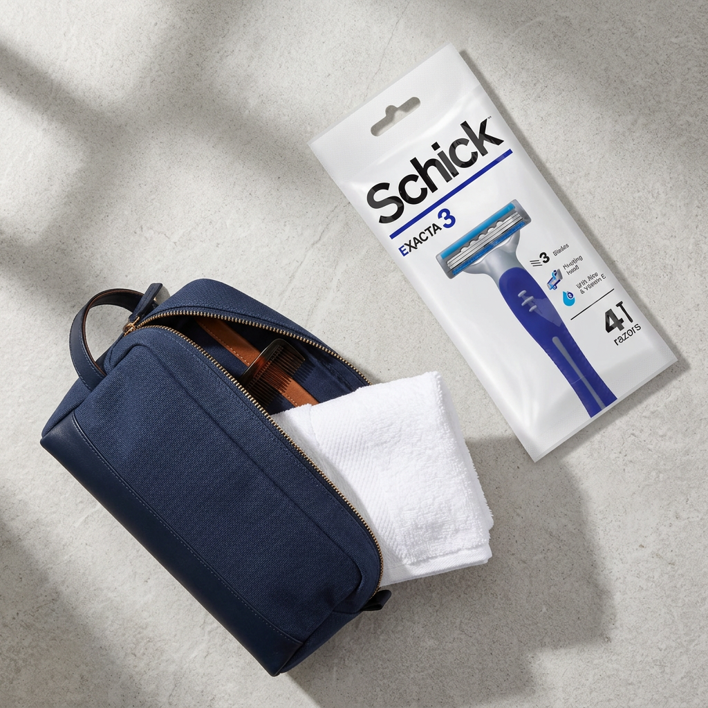 Overhead flatlay of Schick Exacta3 pack with a navy travel toiletry bag