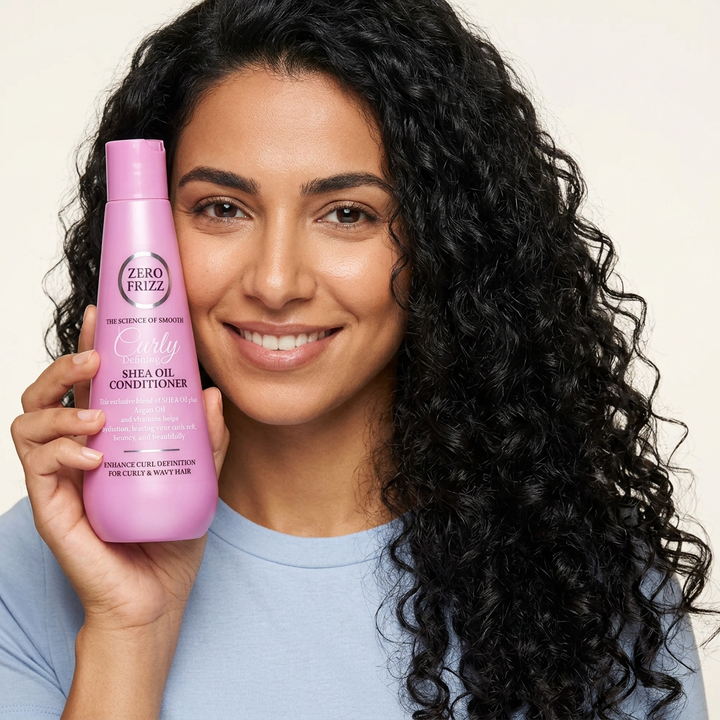 Curly hair closeup holding Zero Frizz Conditioner | كلوز كيرلي ماسكة البلسم