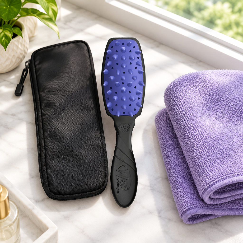 WetBrush Pro Treatment Brush beside travel case