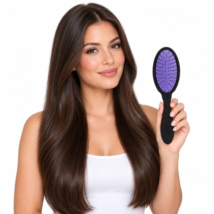 Model holding the black and purple Wet Brush Thin Hair