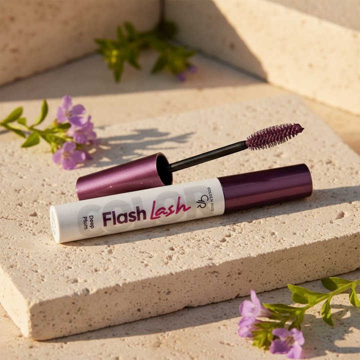 Golden Rose Flash Lash Mascara Deep Plum in a softly lit outdoor setting