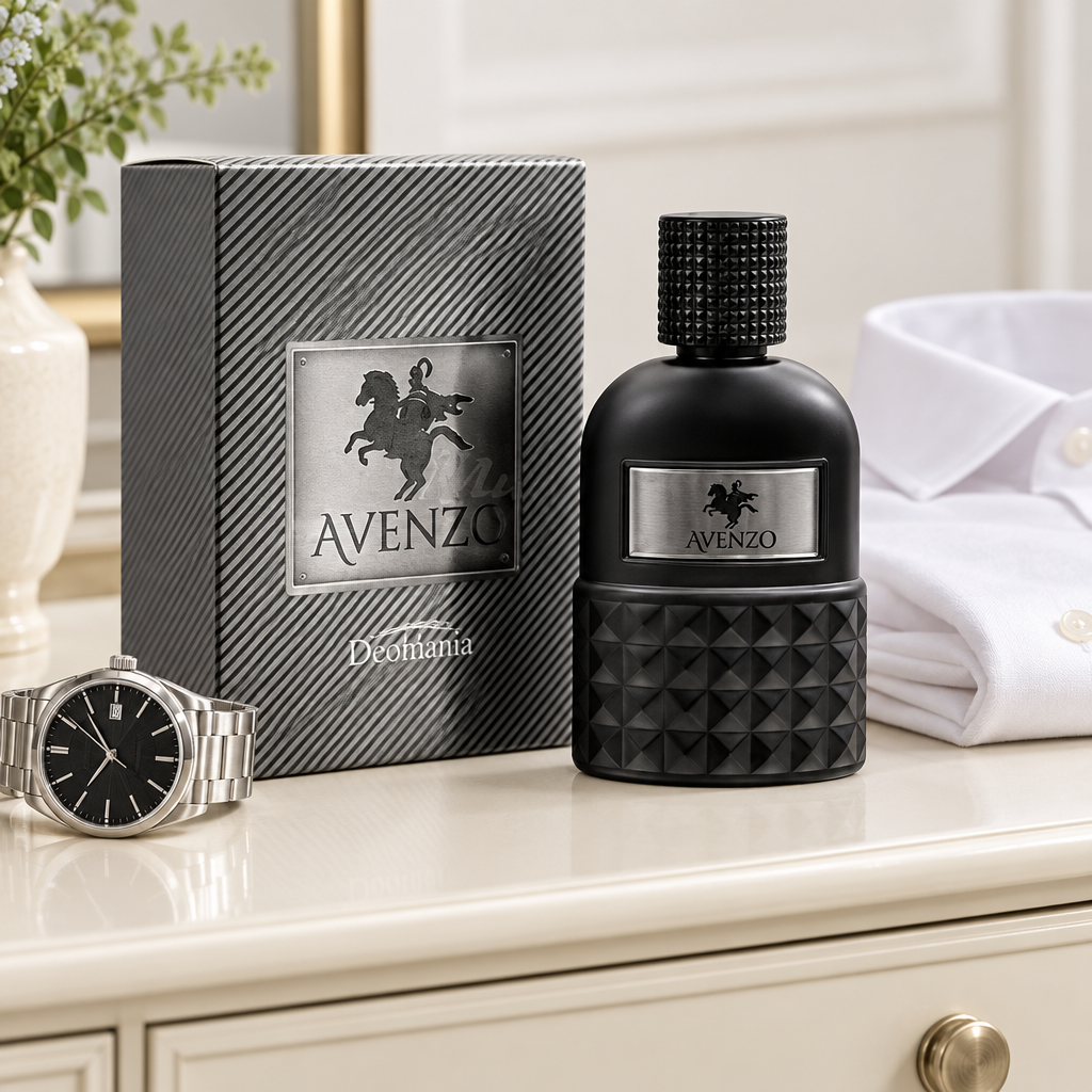 Deomania Avenzo perfume and box beside watch and white shirt