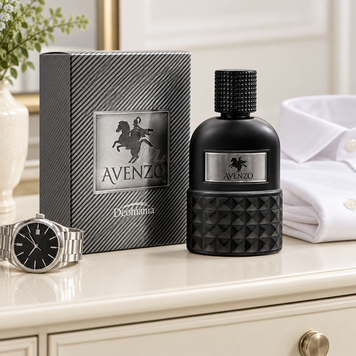 Deomania Avenzo perfume and box beside watch and white shirt