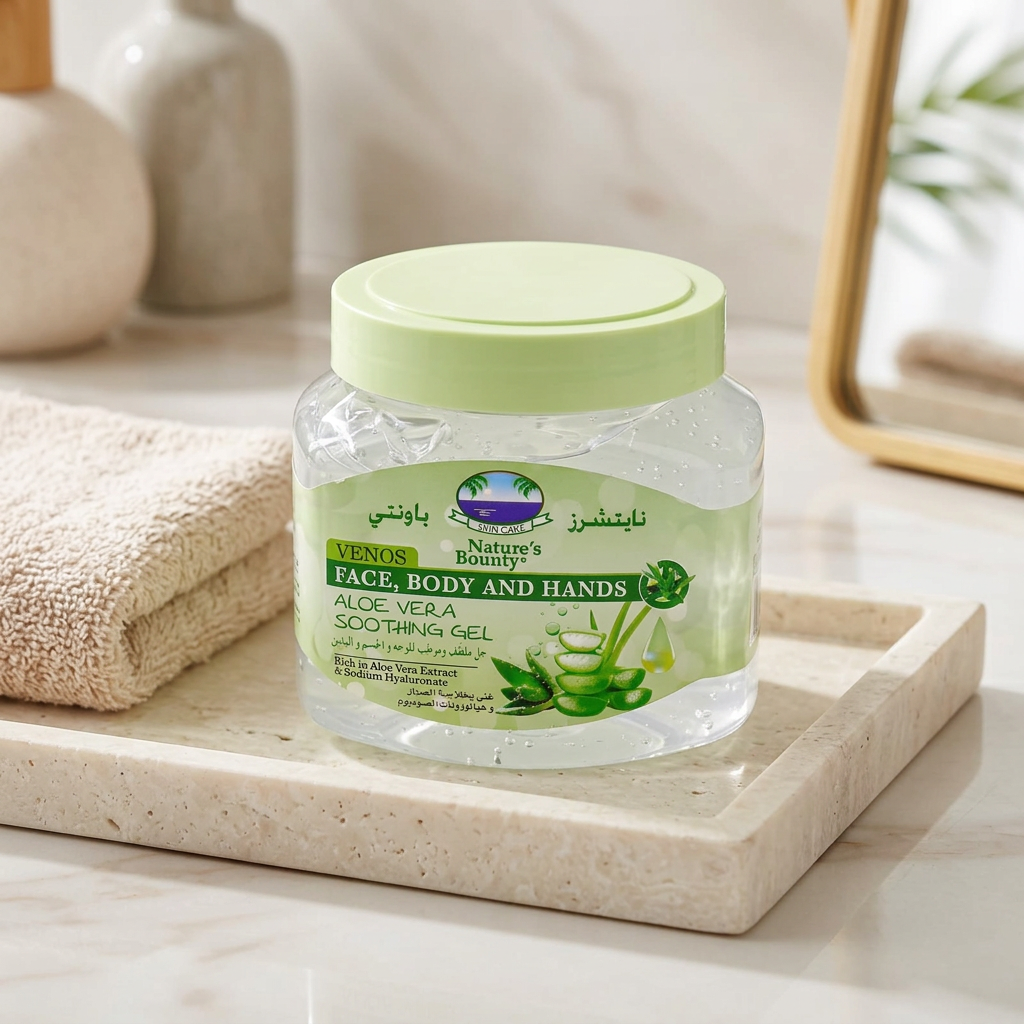 Nature's Bounty Venos Aloe Vera Gel on an ivory vanity tray
