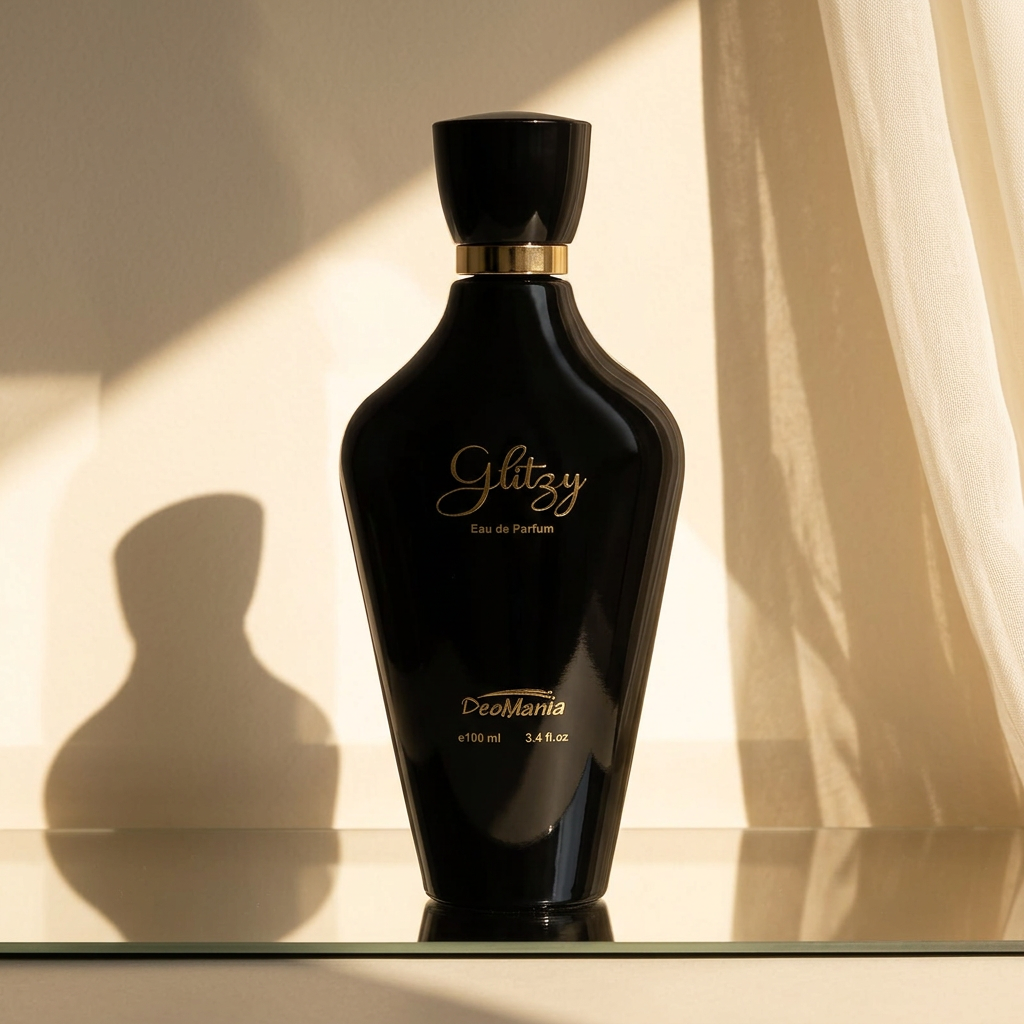 DeoMania Glitzy perfume in golden light with a mirror reflection